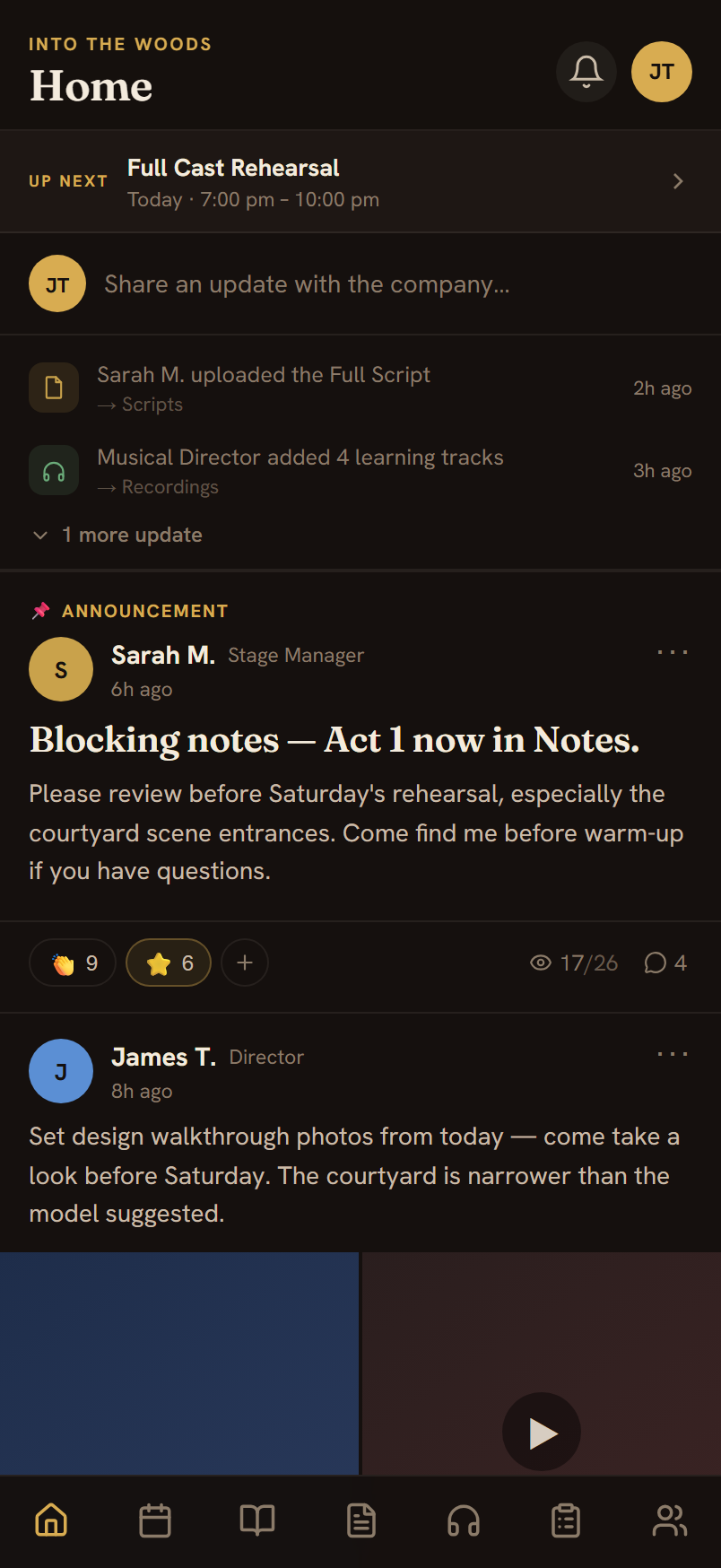 The Callboard company feed — an announcement from the stage manager, recent activity, and what's up next