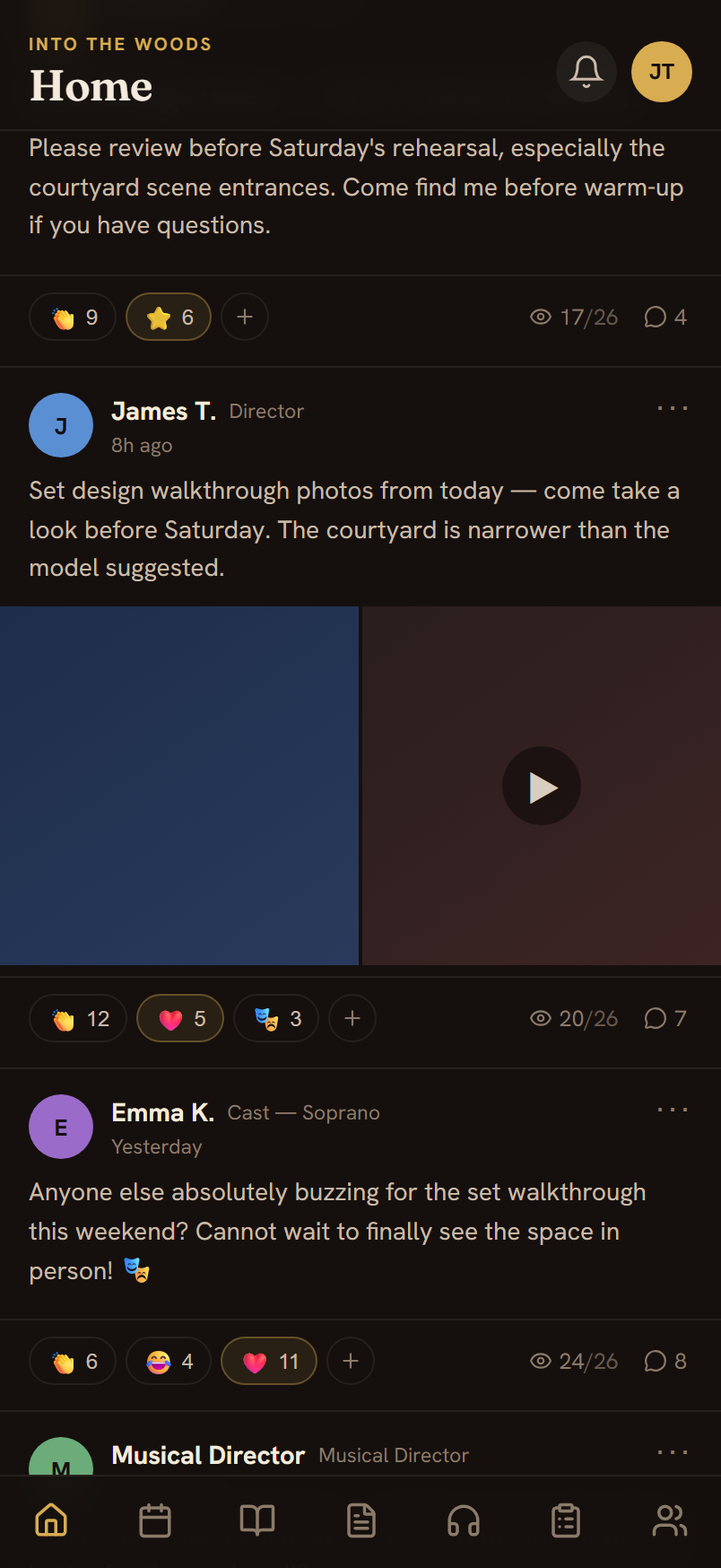 The company feed showing pinned announcements, reactions and comments
