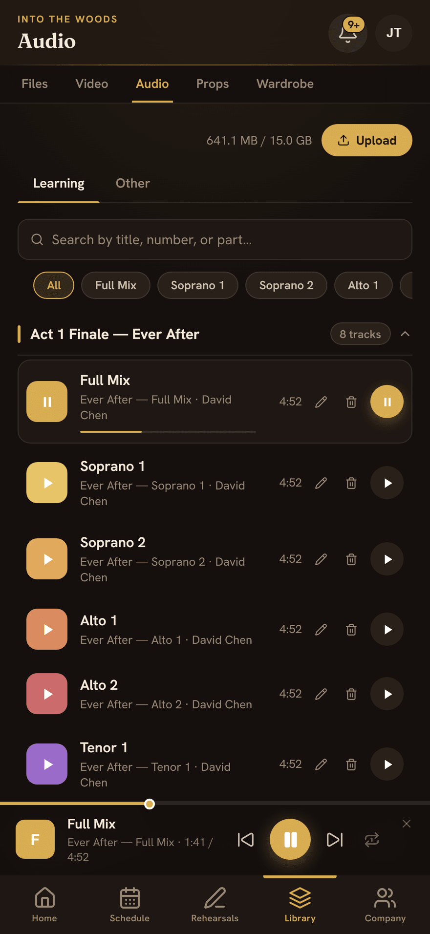 The Audio tab: learning tracks for one number split by voice part, with a track playing
