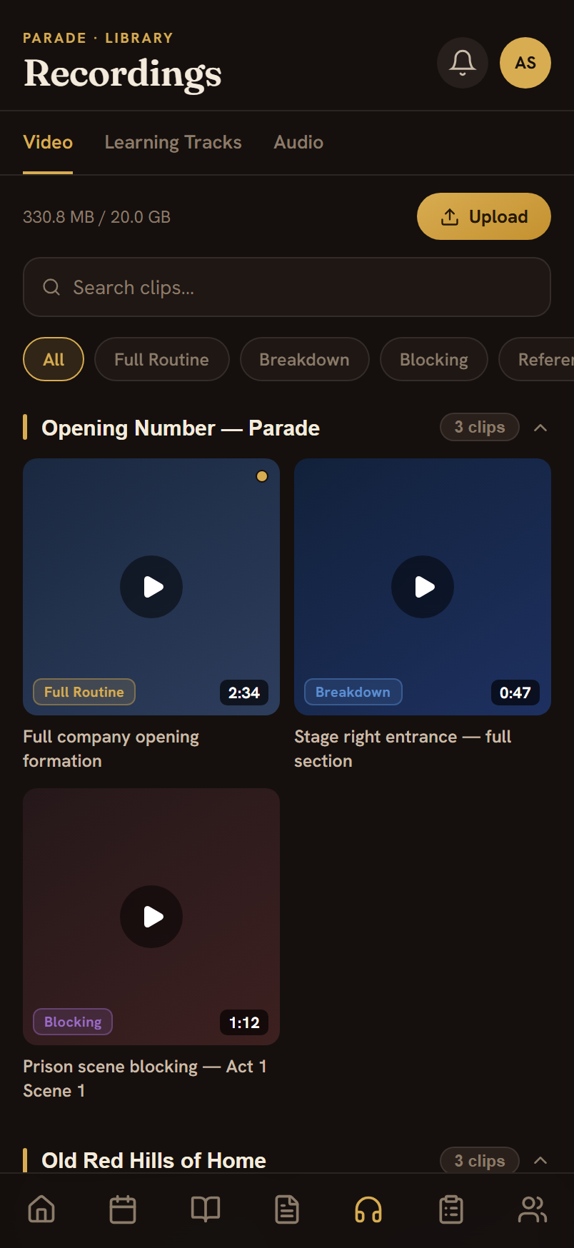 The in-app library — choreography video clips grouped by musical number, with scripts and audio tracks alongside