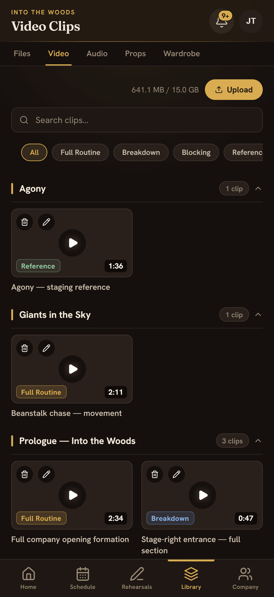 The Video tab: choreography clips grouped by musical number, each showing its type and length