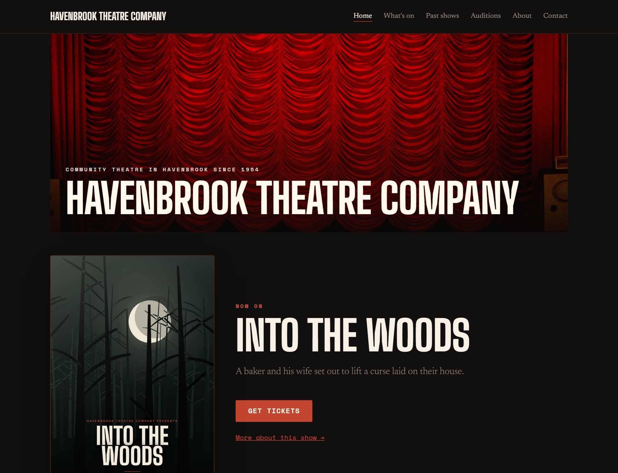 A society's public website: the company name over a photograph of a theatre's red house curtain, the show currently on with its poster, synopsis and a Get tickets button, and a nav bar reading What's on, Past shows, Auditions, About and Contact